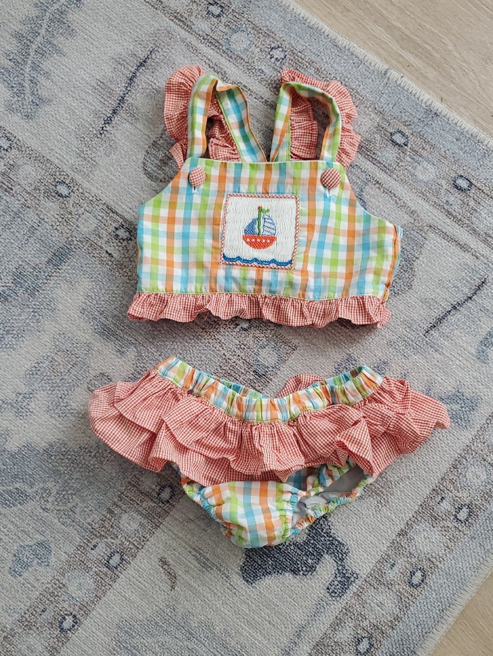 Smock Monkey Girls Multi-Plaid Smocked Swimsuit Sailboat Ruffle Sz5